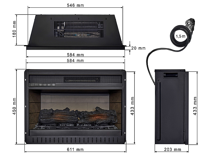 Wkład kominkowy elektryczny do zabudowy ArtiFlame AF22 – szerokość ≈ 60 cm, efekt płomienia 3D, oświetlenie LED, ogrzewanie - 5-5