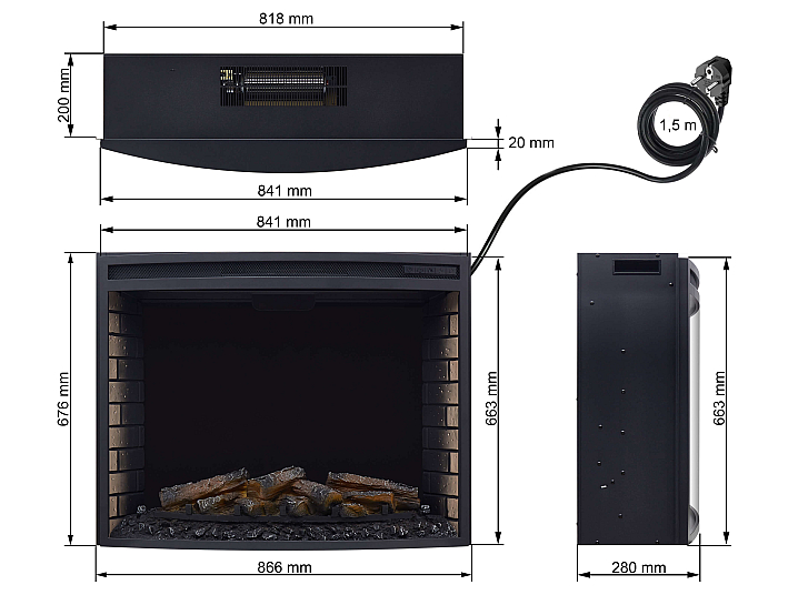 Wkład kominkowy elektryczny do zabudowy ArtiFlame AF33 – zakrzywiona szyba, szerokość ≈ 85 cm, efekt płomienia 3D, oświetlenie LED, ogrzewanie - 5-5