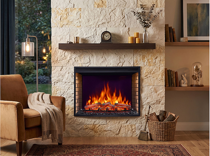 Wkład kominkowy elektryczny do zabudowy ArtiFlame AF33 – zakrzywiona szyba, szerokość ≈ 85 cm, efekt płomienia 3D, oświetlenie LED, ogrzewanie - 7-7