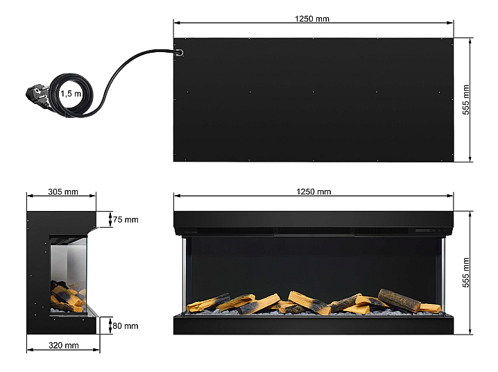 Wkład kominkowy elektryczny do zabudowy ArtiFlame AF50TS – trójstronny, szerokość 125 cm, efekt płomienia 3D, ogrzewanie, Wi-Fi - 8-8