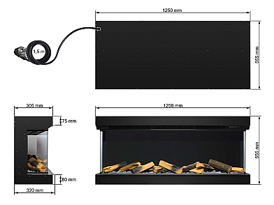 Wkład kominkowy elektryczny do zabudowy ArtiFlame AF50TS – efekt płomienia 3D, trójstronny, 125 cm, ogrzewanie, Wi-Fi
