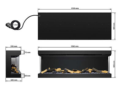Wkład kominkowy elektryczny do zabudowy ArtiFlame AF60TS – trójstronny, szerokość 150 cm, efekt płomienia 3D, ogrzewanie, Wi-Fi