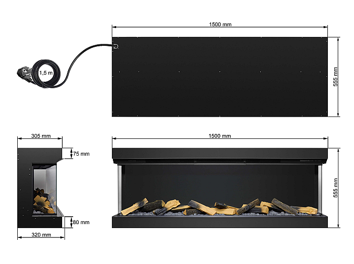Wkład kominkowy elektryczny do zabudowy ArtiFlame AF60TS – trójstronny, szerokość 150 cm, efekt płomienia 3D, ogrzewanie, Wi-Fi - 8-8